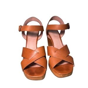 Madewell Women’s Wooden Wedge Platform Tan Leather Sandals Size 9.5